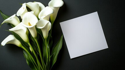 A sophisticated bouquet of white calla lilies and a blank note paper on a charcoal background, perfect for elegant anniversaries or heartfelt congratulations.