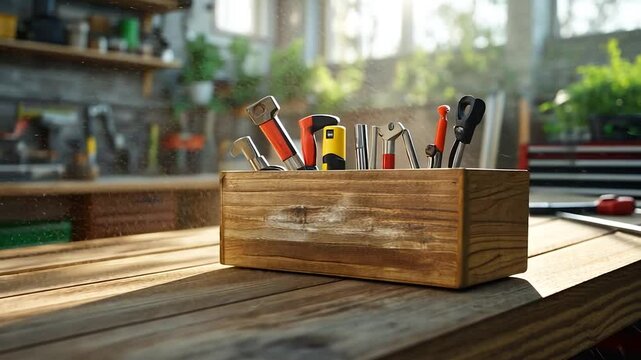 Wooden toolbox filled with various tools in a bright workshop setting