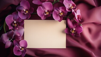 A vibrant bouquet of purple orchids and a blank note paper on a deep burgundy background, capturing the essence of elegance for a romantic celebration.