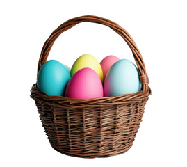 Colorful easter eggs in woven basket on black background, cut out