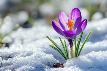 Purple crocus blooming in the snow announces spring arrival