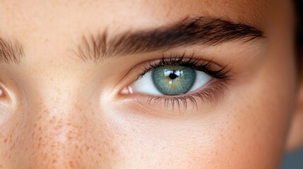Fototapeta premium Close up of a female green eye with long eyelashes, natural eyebrows, and freckles on the skin.