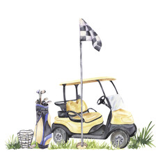 A golf cart parked near a checkered flag, with a golf bag, clubs, and a ball