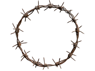 Silhouette of a tree with a crown of thorns and barbed wire frame