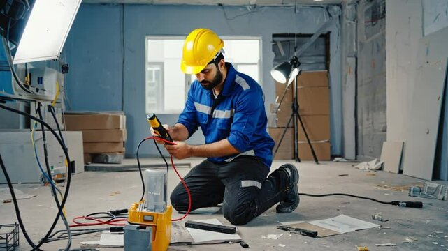 Electrician in hard hat testing electrical equipment with a multimeter on a construction site