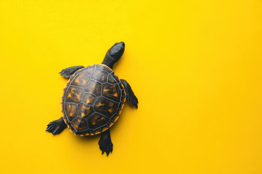 Turtle resting on vibrant yellow background: minimalist nature photography