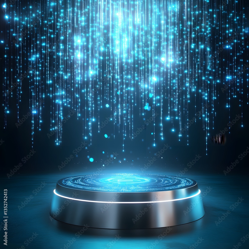 Aufkleber a futuristic metallic podium, placed in a digital space with holographic floating data streams
