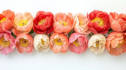 Blossoms arrayed in gradient hues on white backdrop, petals unfurling