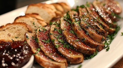 Gourmet sliced meat served with bread and sauce on a white plate in a restaurant setting