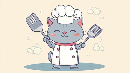 Cute cartoon cat chef holding a spatula, ready to cook. Perfect for food-related themes and children's content.