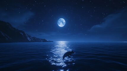 Mystical Moonlight: Dolphin's Dance Under the Starry Night Sky Serenity