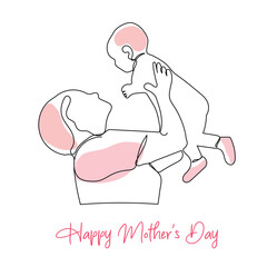Mother holds a baby in her arms line drawing vector, mother and child line drawing. Mother's Day line art, Happy mother day