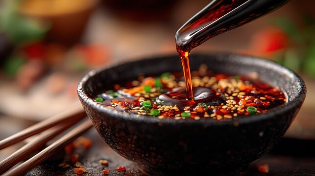 Spicy Sauce Pouring into Bowl