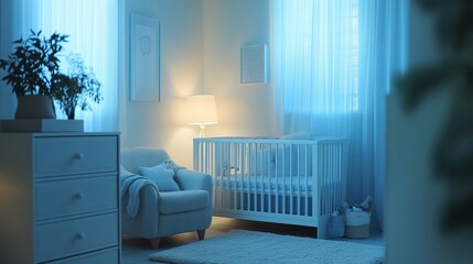 Modern baby nursery with a crib, cozy armchair, dresser, and soft lighting. Minimalist decor in pastel blue and white.