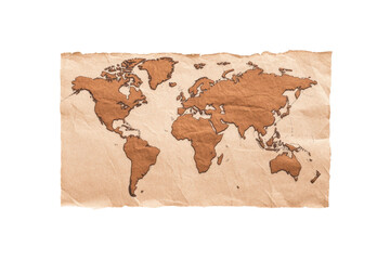 Vintage world map on aged paper with brown continents illustration, cut out