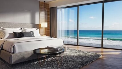 Luxurious beachfront bedroom with a king-size bed and panoramic ocean view through large windows - Powered by Adobe