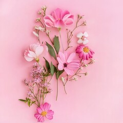 Fototapeta premium Flowers on a pink background, top view, flat lay, space for text, minimalistic, pastel colors, high-resolution, professional photograph, high-quality photo stock