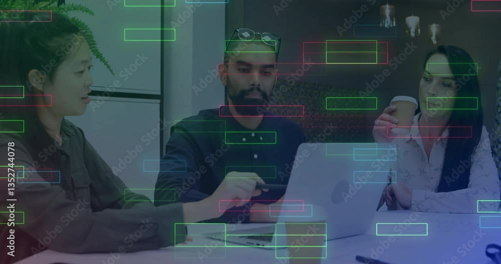 Aufkleber diverse team collaborating at office with digital data processing animation overlay