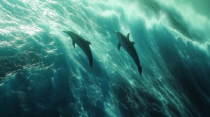 Obraz premium Two Dolphins Swimming Gracefully Underneath a Powerful Ocean Wave