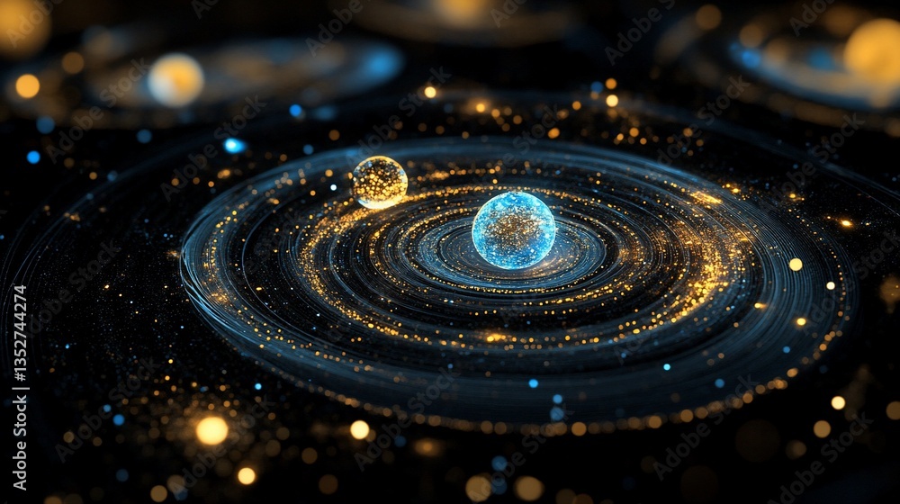Poster abstract glowing planetary system with rings and spheres in deep space