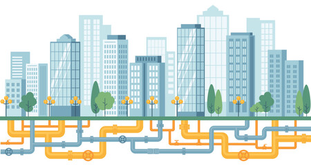 Underground pipelines. City engineering network. Gas pipes, water supply, sewerage, electrical networks. Vector  illustration