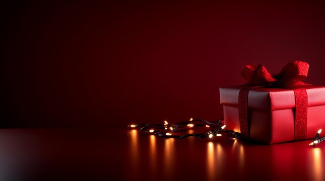 Elegant red gift box with ribbon and string lights against dark backdrop
