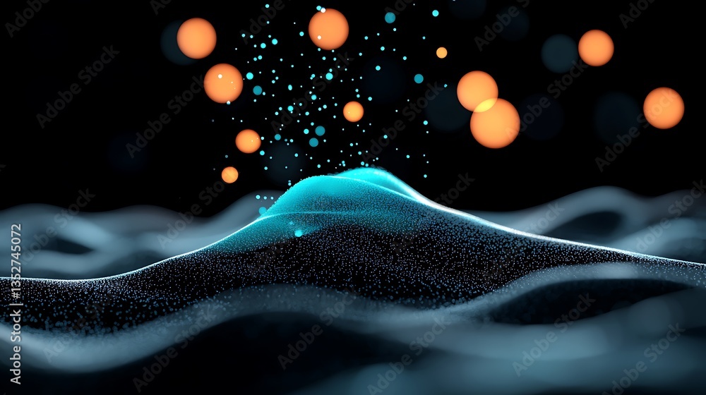 Poster abstract teal and green particle wave motion on dark background