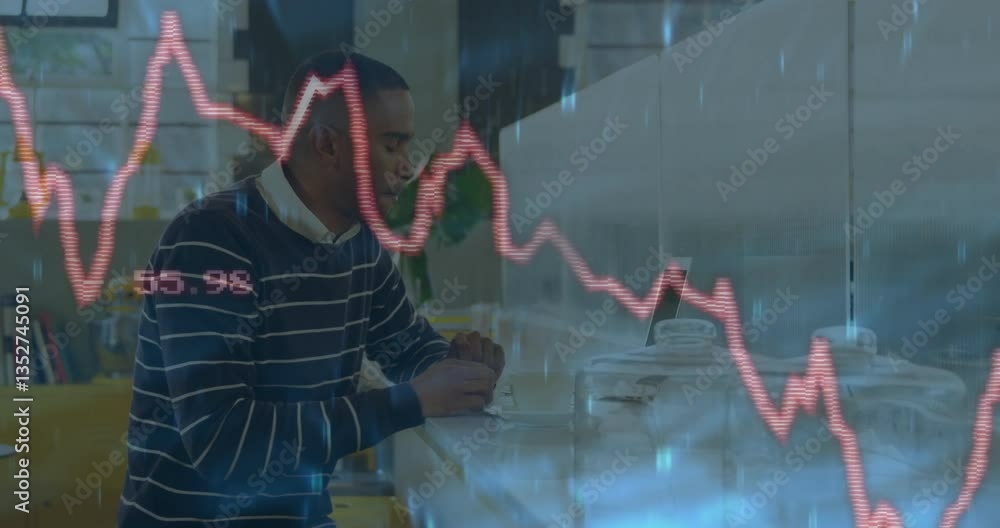 Poster man working at desk with financial data graph animation overlay