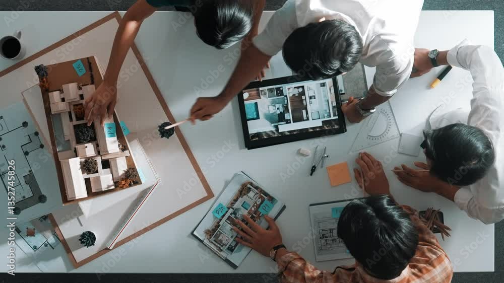 Poster top down view of architect engineer team discussing and point at tablet display construction at tabl