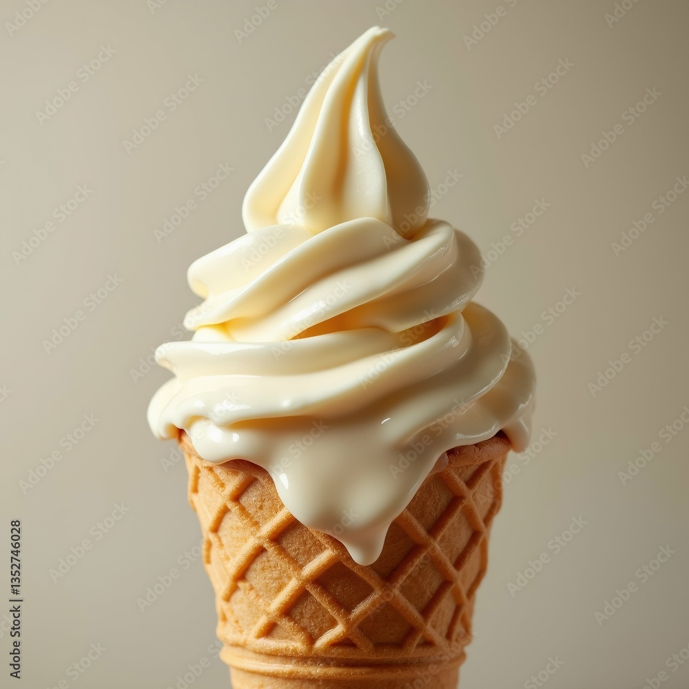 Poster close ice cream cone cone waffle cones light brown color ice cream creamy white color swirled wavy p