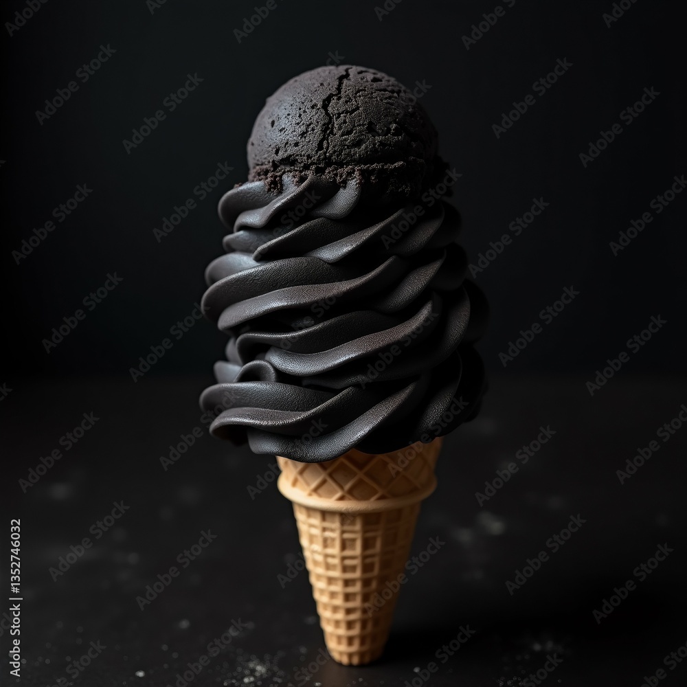 Poster close ice cream cone cone waffle cones placed black surface ice cream dark brown color has swirl pat