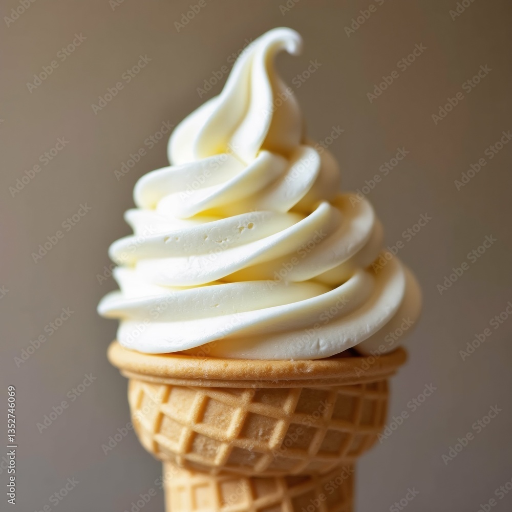 Poster close ice cream cone cone waffle has light brown color ice cream creamy white color swirled spiral p