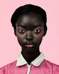 Studio shot featuring a young black model showcasing vibrant pink makeup and stylish clothing, striking a pose against a soft pink background, exuding elegance and glamour