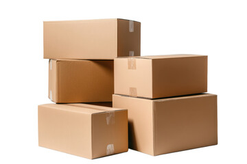 A stack of brown cardboard boxes sealed with tape on a white background in a studio setting