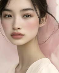 Close-up portrait of a beautiful young Asian woman with flawless skin, showcasing a natural makeup look with subtle pink blush, highlighting her elegant features and radiating grace and femininity