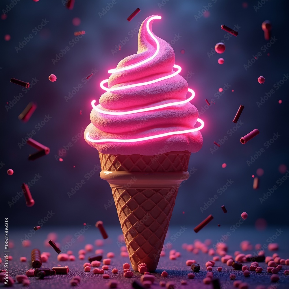 Poster rendering ice cream cone pink swirl top ice cream waffle cone placed dark blue background swirl thin