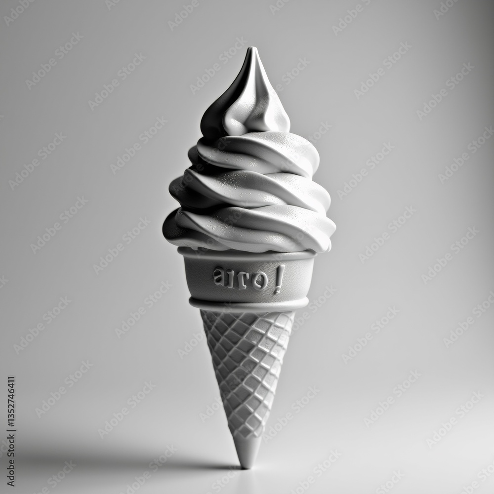 Poster rendering ice cream cone cone waffle like material has pointed tip top ice cream light grey color ap