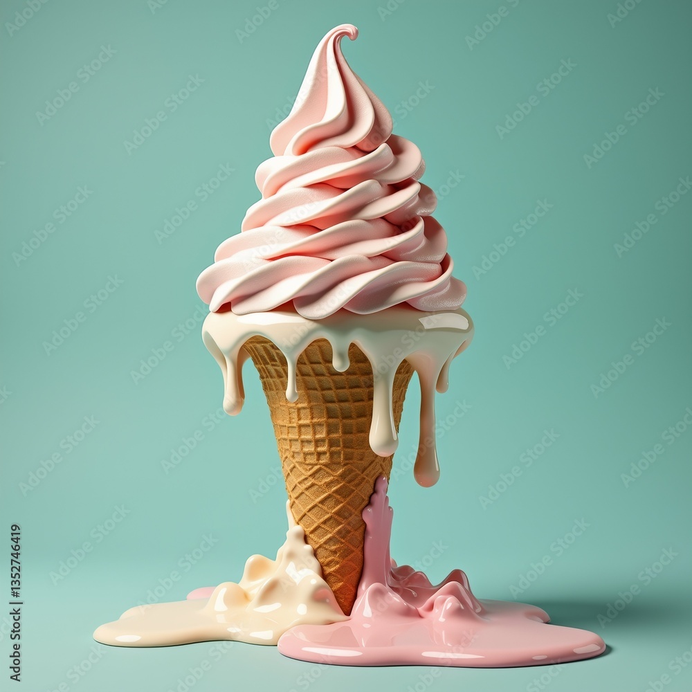 Poster rendering ice cream cone pink swirl top cone waffle cones placed light blue background ice cream dri