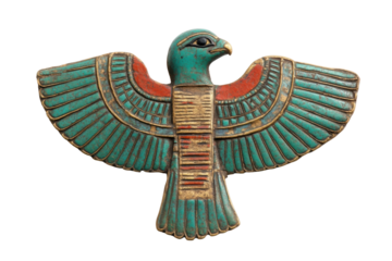 Ancient egyptian falcon amulet with detailed wings on black background, cut out