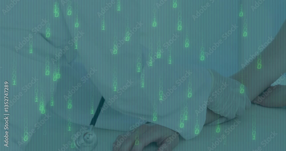 Poster medical professional analyzing digital data with binary code animation in office