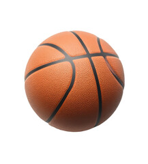 Close-up of textured orange basketball with black lines on white background, cut out