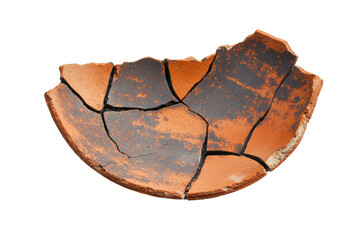Fragmented ancient terracotta pottery on black background, cut out