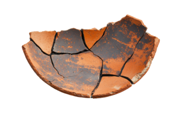 Fragmented ancient terracotta pottery on black background, cut out