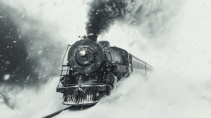 Vintage Steam Train Journey Through Winter Wonderland in Black and White