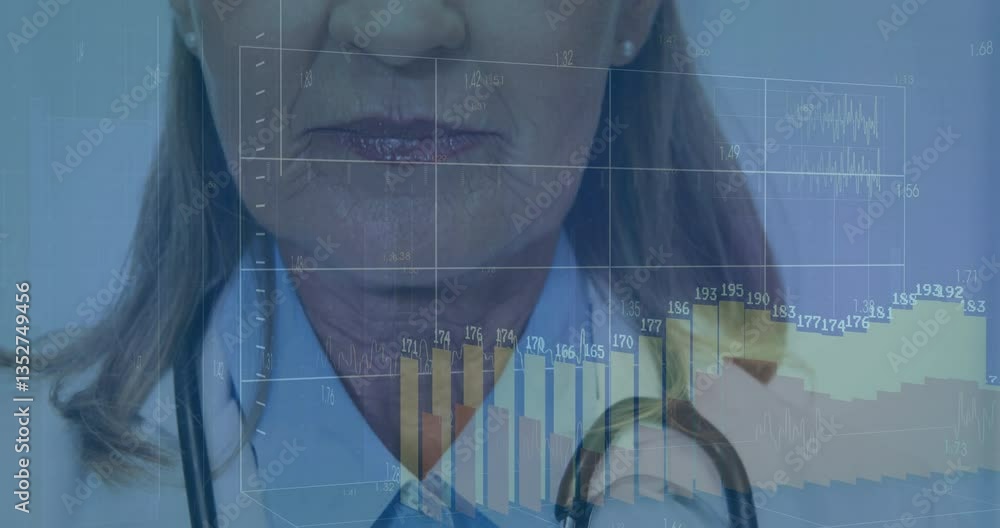 Poster analyzing medical data, doctor using animation with bar charts and graphs