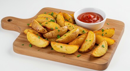 Golden potato wedges with parsley and ketchup on a wooden cutting board ready to be eaten now