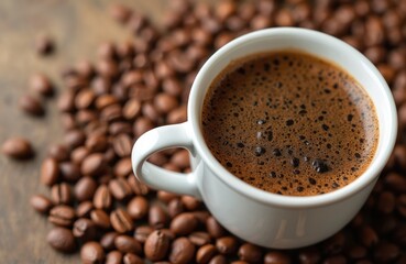 Fototapeta premium White cup filled with barley coffee sits on brown background, surrounded roasted coffee beans. Healthy caffeine-free organic beverage alternative. Aroma drink for breakfast. Top view, overhead shot,
