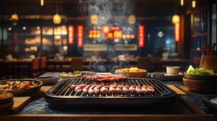 Savory Korean BBQ Experience Sizzling Meat Fresh Vegetables and Warm Ambiance in a Tradition
