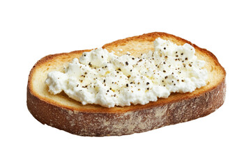 Fresh cottage cheese on rustic bread slice with black pepper, cut out