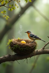Bird tending to its nest with a single egg in a misty forest setting during early morning light
